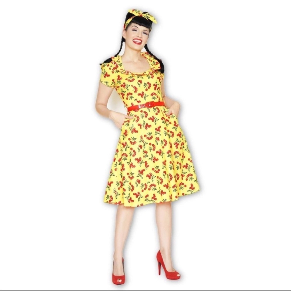Bernie Dexter Yellow Cherry Print Dress Small - 1940s Retro Rockabilly Pin-Up